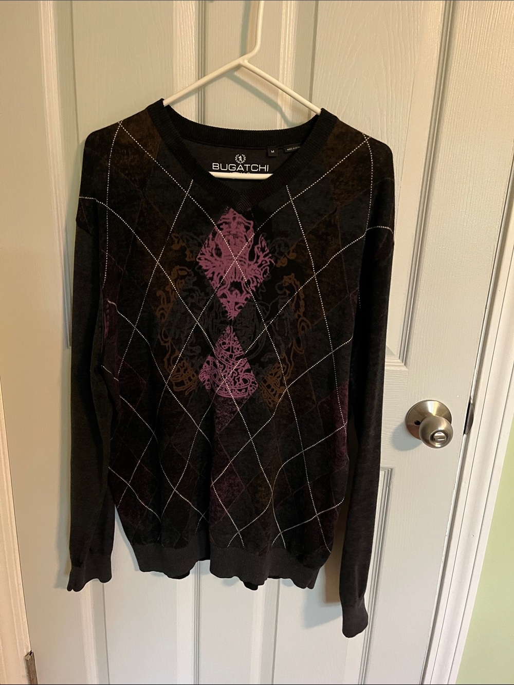 Bugatchi Black Sweater with Purple and Brown Argyle Accent